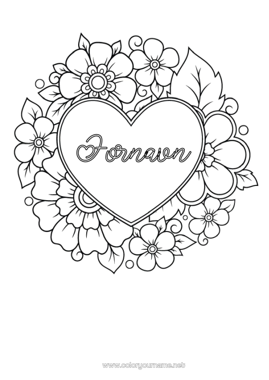 Fargeleggingssiden til utskrift Blomster Hjerte Mandala Jeg elsker deg. Stort hjerte
