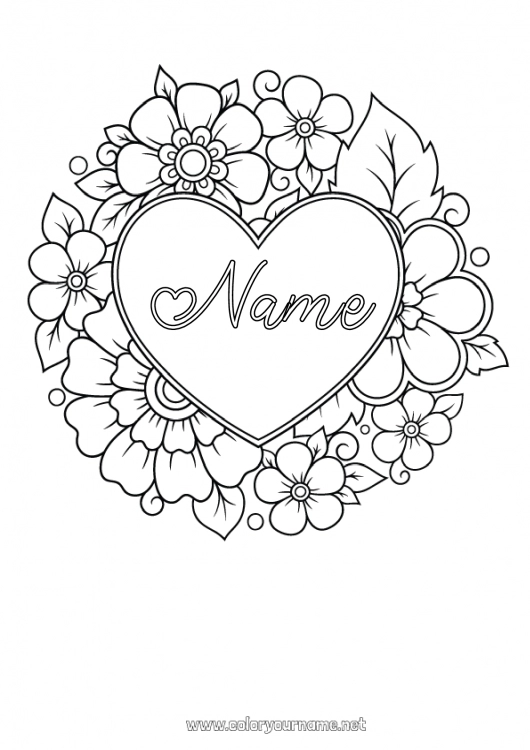 Coloring page to print Flowers Heart Mandala I love you Big heart