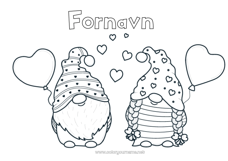 Farvelægningssiden til udskrivning Hjerte Jeg elsker dig. Gnomes Valentinsdag
