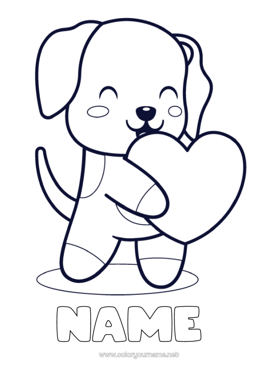 Coloring page to print Cute Heart Dog I love you Animal Valentine's Day Easy coloring pages Dog and cat