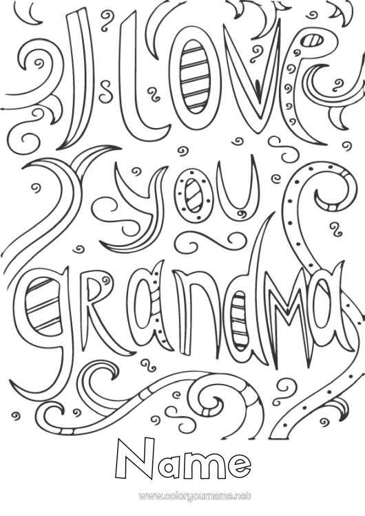 Colouring page to print Grandma I Love You. "Love" Message