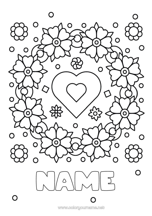 Colouring page to print Flowers Heart Mum Grandma I Love You.