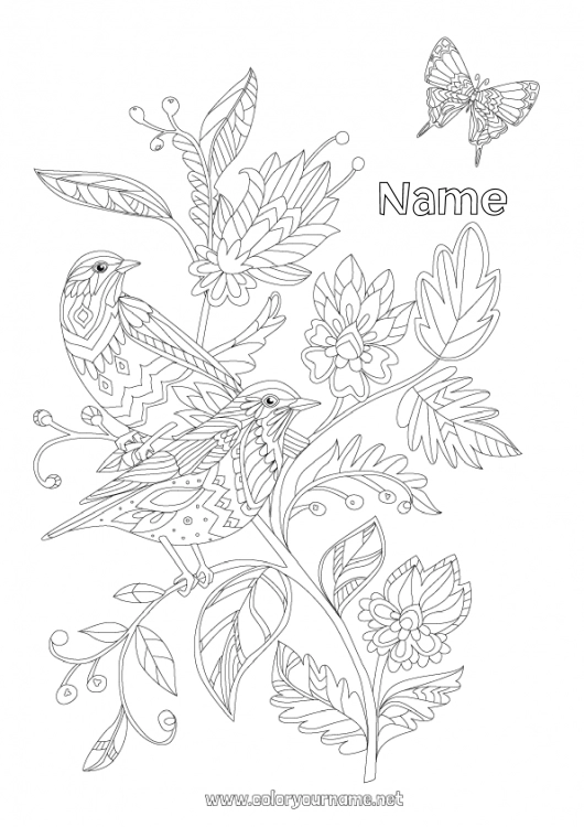 Coloring page to print Flowers Mandala Bird Butterfly Animal Insects Flying birds and mammals