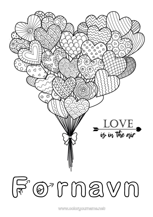 Farvelægningssiden til udskrivning Hjerte Mandala Balloner Jeg elsker dig. Valentinsdag 