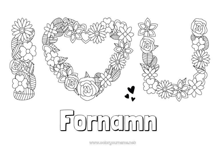 Färgläggningssida att skriva ut Blommor Jag älskar dig. Alla hjärtans dag