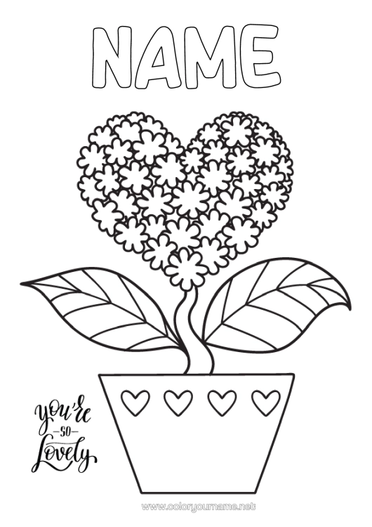 Colouring page to print Flowers Heart I Love You.