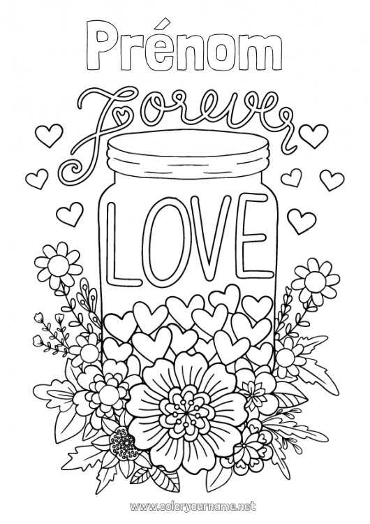 Coloriage à imprimer Fleurs Coeur Je t'aime Saint valentin 