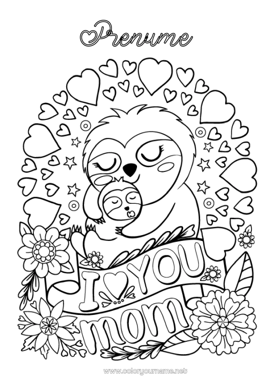 Pagină de colorat de imprimat Mama Te iubesc. Koala Animale din pădure Alte animale din lume Leneșul