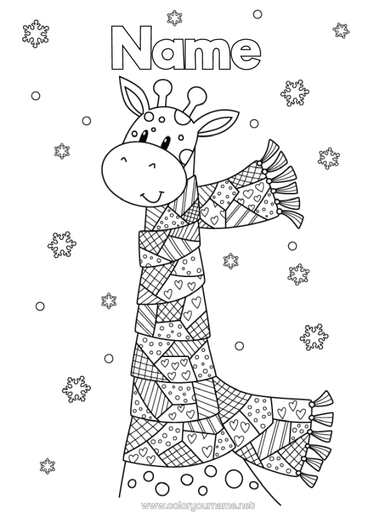Colouring page to print Snow Winter Mandala Giraffe Snowflakes Animal Wild Animals Of Africa