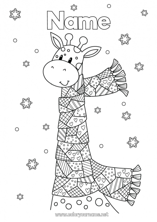 Coloring page to print Snow Winter Mandala Giraffe Snowflakes Animal Wild animals of Africa