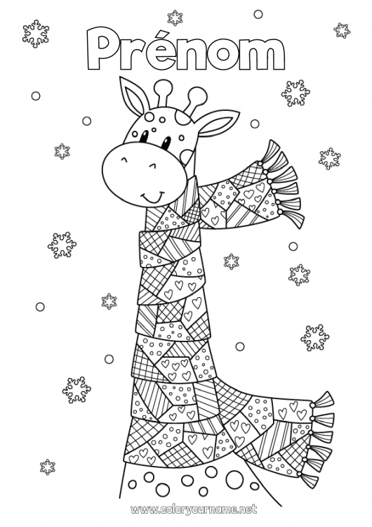 Coloriage à imprimer Neige Hiver Mandala Girafe Flocons de neige Animal Animaux sauvages d'Afrique