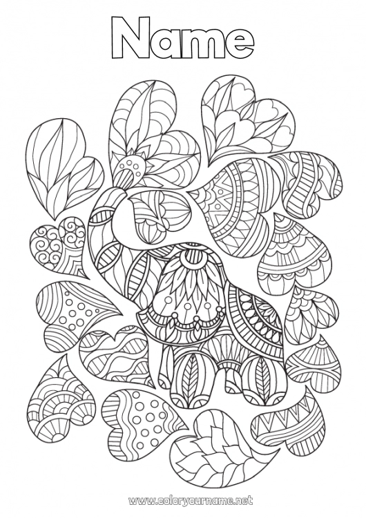 Coloring page to print Heart Mandala Elephant I love you Animal Farm animals Wild animals of Africa