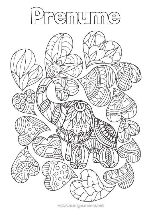 Pagină de colorat de imprimat Inimă Mandala Elefant Te iubesc. Animal Animale de fermă Animale sălbatice din Africa