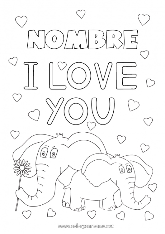 Dibujo para colorear para imprimir Corazón Papá Mamá Abuela Abuelo Elefante Te amo Animales Inscripción 