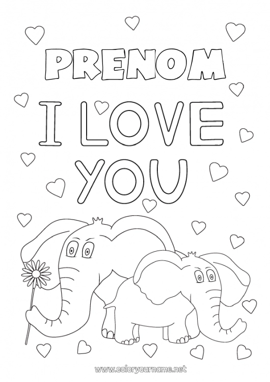 Coloriage à imprimer Coeur Papa Maman Mamie Papi élephant Je t'aime Animal 