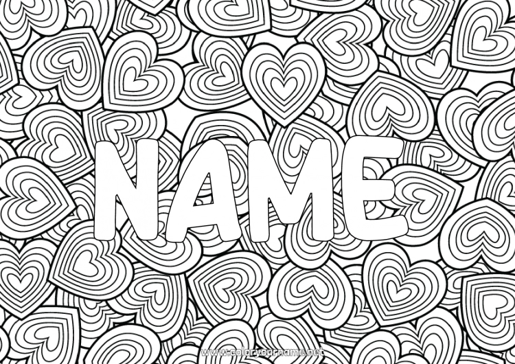 Coloring page to print Heart I love you Valentine's Day Decorated name