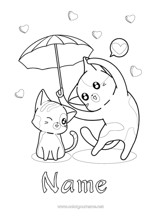 Colouring page to print Heart Cat I Love You. Animal Umbrella Dogs And Cats