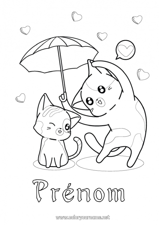 Coloriage à imprimer Coeur Chat Je t'aime Animal Parapluie Chiens et chats