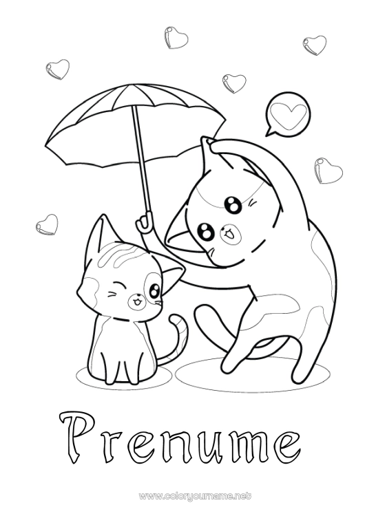 Pagină de colorat de imprimat Inimă Pisică Te iubesc. Animal Umbrelă Câini și pisici