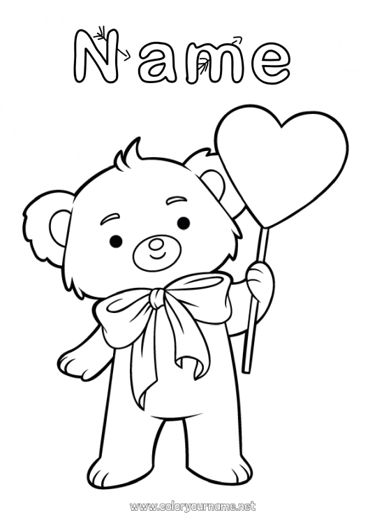 Coloring page to print Heart I love you Animal Teddy Bear Valentine's Day Forest animals