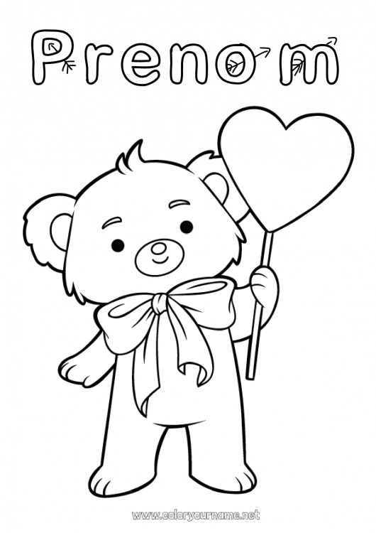 Coloriage à imprimer Coeur Je t'aime Animal Ourson Saint valentin Animaux de la forêt