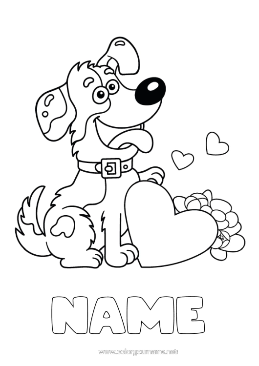 Colouring page to print Heart Dog I Love You. Animal Dogs And Cats