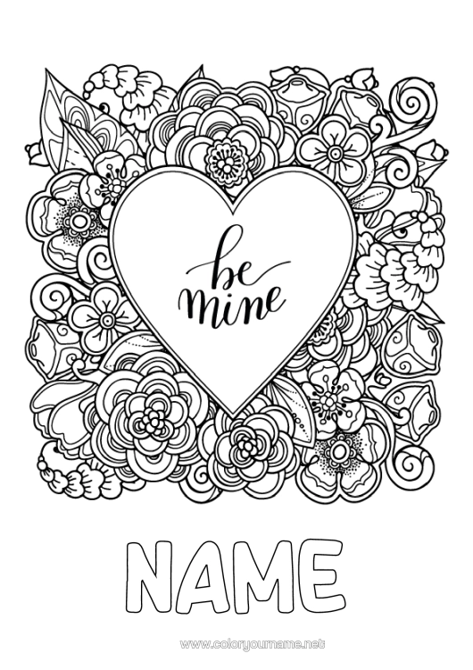 Colouring page to print Flowers Heart I Love You. Valentine's Day Big Heart