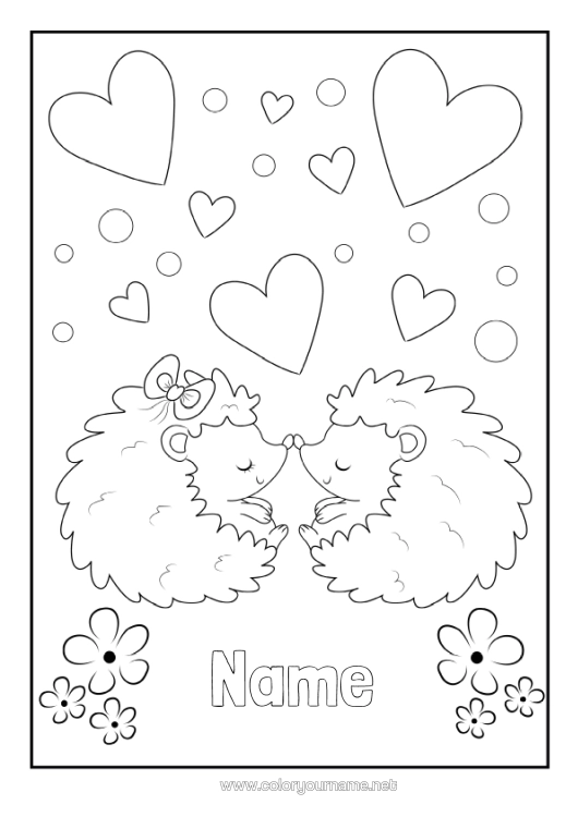 Colouring page to print Heart Hedgehog I Love You. Animal Valentine's Day Forest Animals