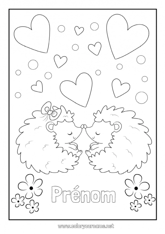 Coloriage à imprimer Coeur Hérisson Je t'aime Animal Saint valentin Animaux de la forêt