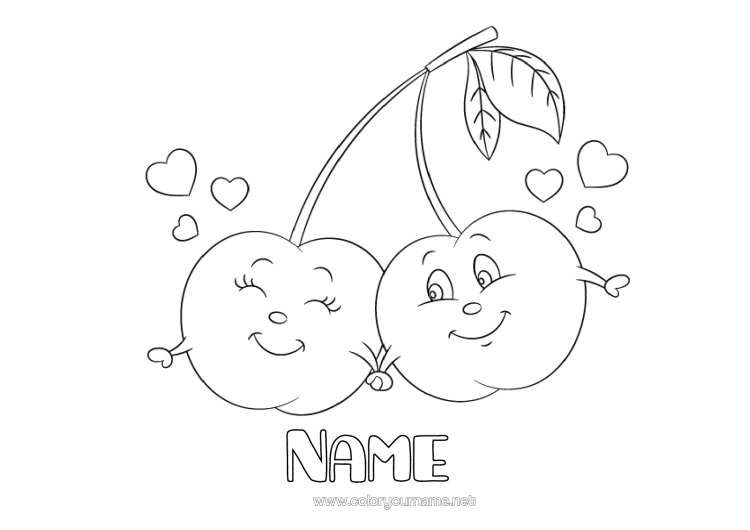 Colouring page to print Heart I Love You. Food Cherry Fruit