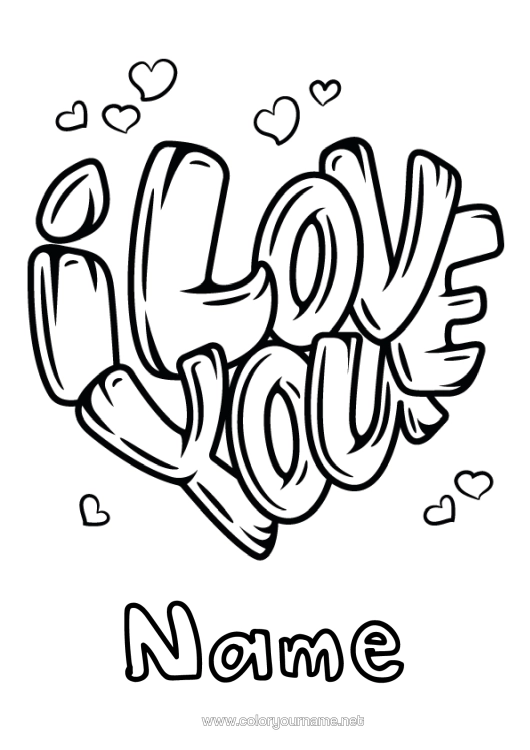 Colouring page to print Heart I Love You. "Love" Message Big Heart