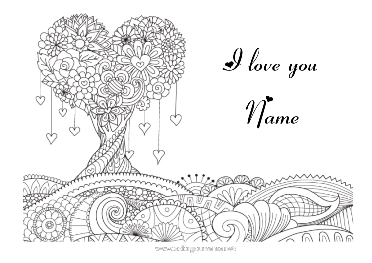 Colouring page to print Heart Mandala I Love You. Valentine's Day Tree "I Love You"