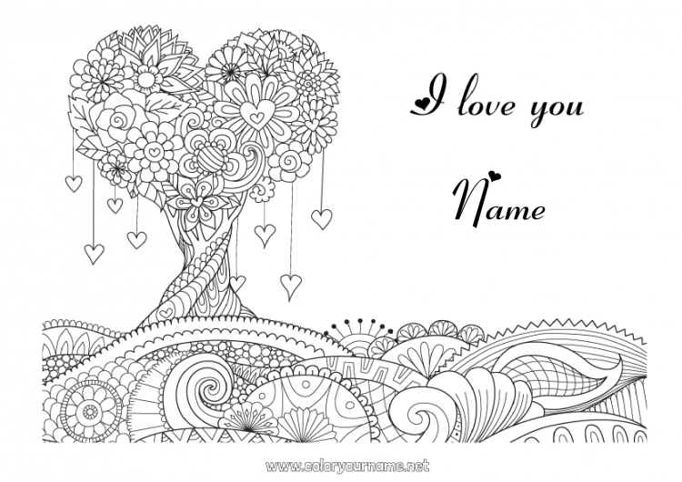 Coloring page to print Heart Mandala I love you Valentine's Day Tree 