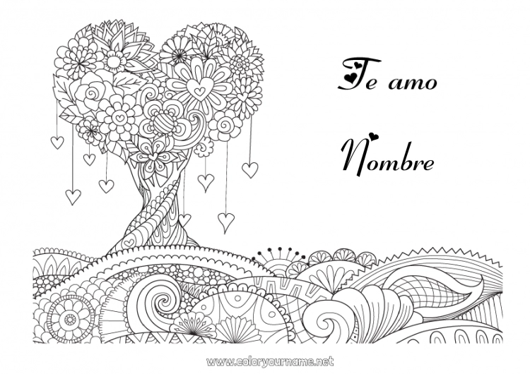 Dibujo para colorear para imprimir Corazón Mandala Te amo Día de San Valentín Árbol Mensaje 