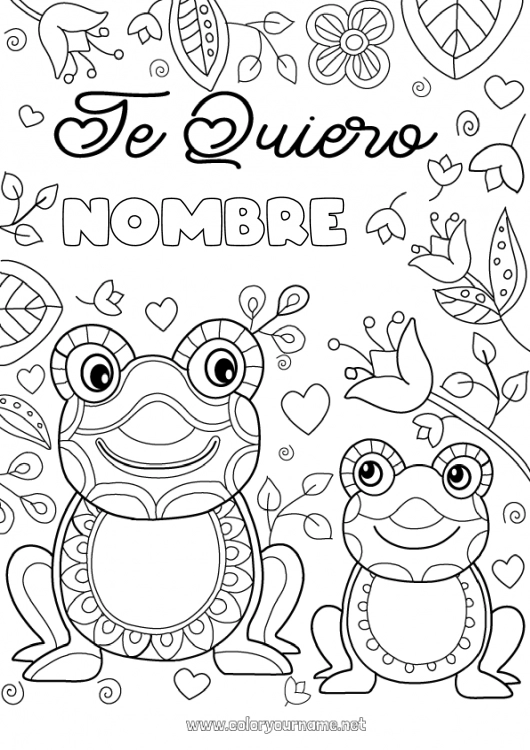 Dibujo para colorear para imprimir Papá Mamá Abuela Abuelo Feliz día de fiesta Rana Te amo Animales Inscripción 