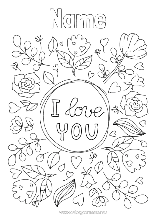 Colouring page to print Flowers I Love You. "Love" Message