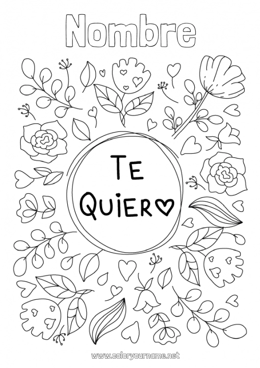 Dibujo para colorear para imprimir Flores Te amo Inscripción 