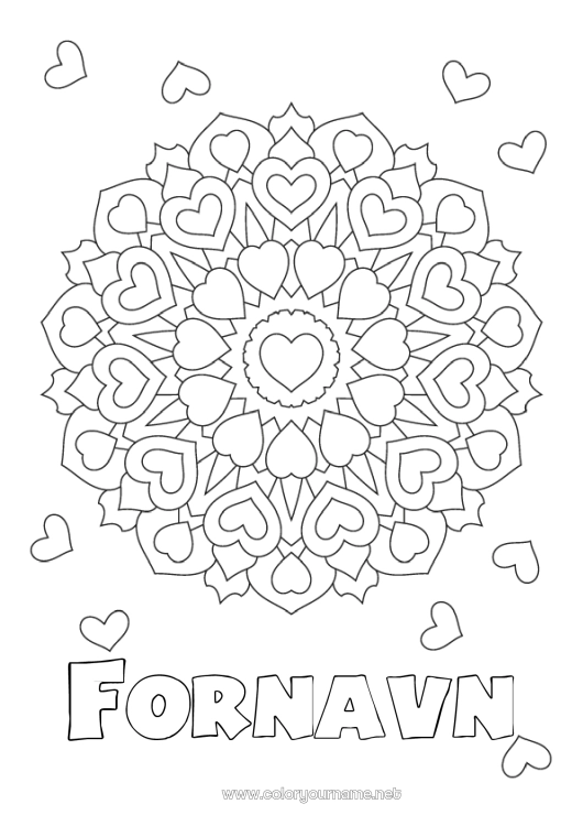Fargeleggingssiden til utskrift Hjerte Mandala Jeg elsker deg.