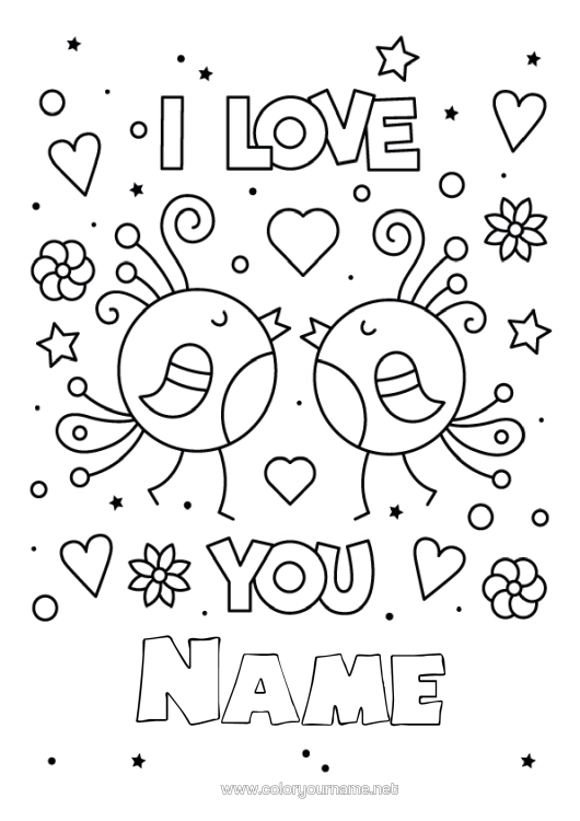 Colouring page to print Bird I Love You. Animal Valentine's Day "Love" Message Birds And Flying Mammals