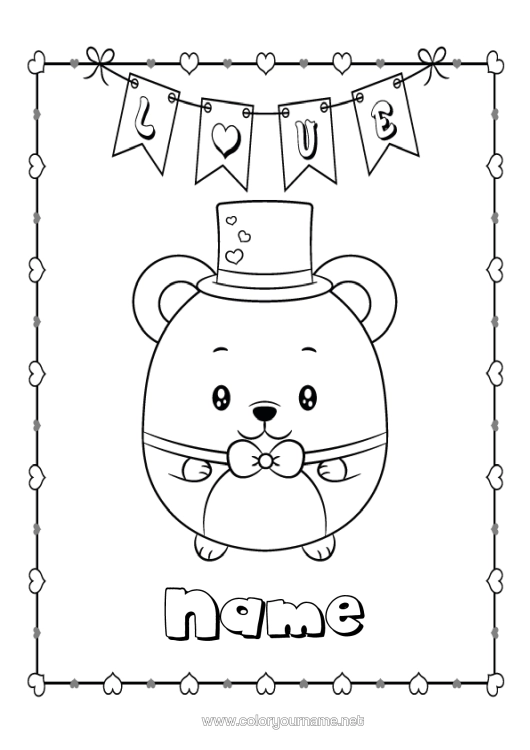 Colouring page to print Mouse I Love You. Animal Valentine's Day Forest Animals Bow Tie