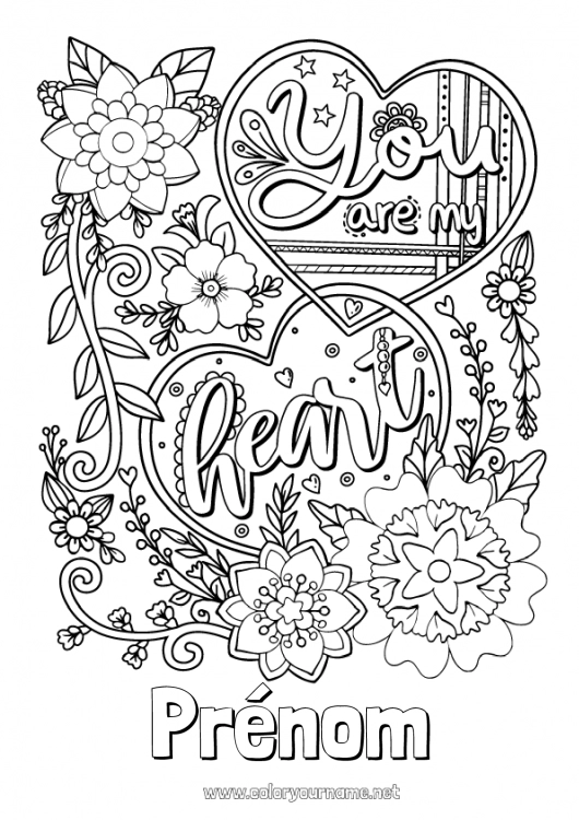 Coloriage à imprimer Fleurs Coeur Je t'aime Saint valentin 