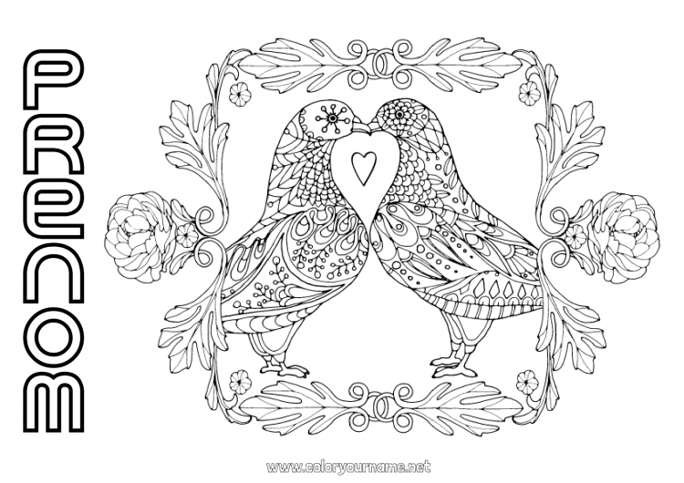 Coloriage à imprimer Oiseau Je t'aime Animal Saint valentin Oiseaux et mammifères volants