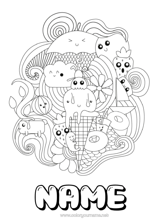Colouring page to print Cute Cute Food Treats, Sweets Ice Cream