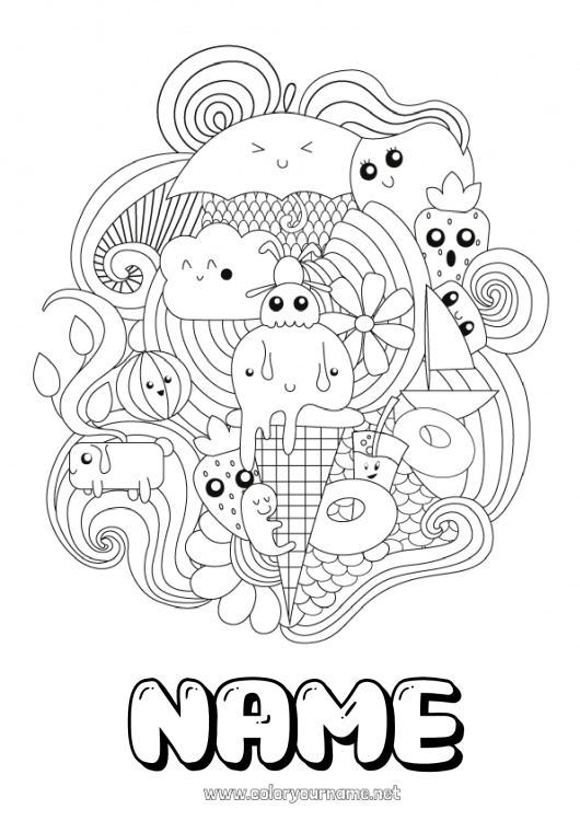 Coloring page to print Cute Kawaii Food Treats Ice cream