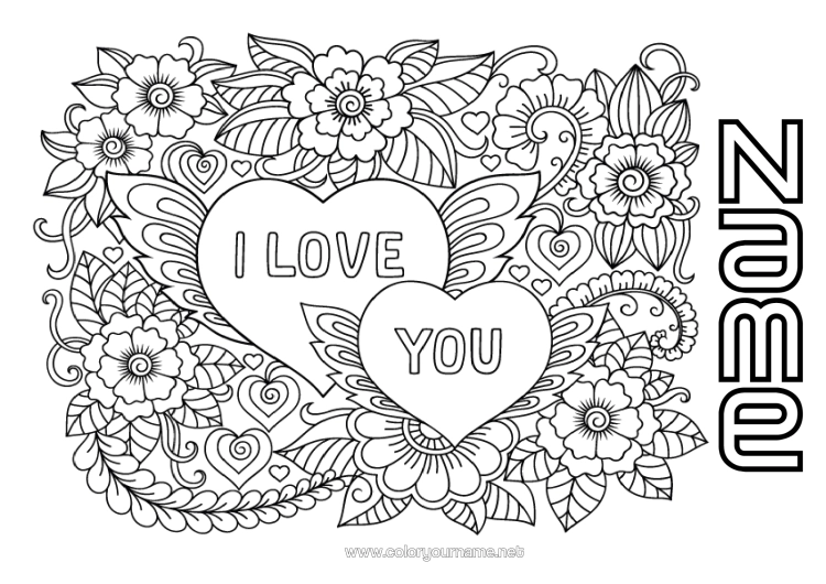Colouring page to print Flowers I Love You. Valentine's Day "Love" Message Big Heart