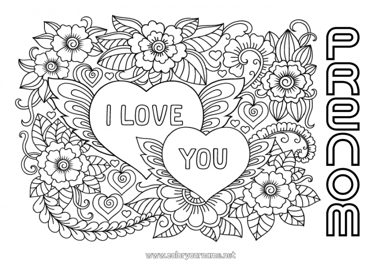 Coloriage à imprimer Fleurs Je t'aime Saint valentin 