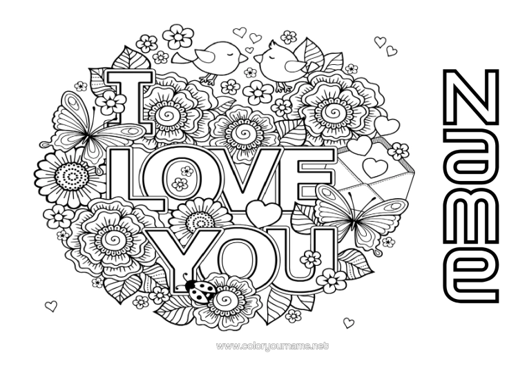 Colouring page to print Flowers Bird I Love You. Butterfly Valentine's Day "Love" Message Insects Birds And Flying Mammals