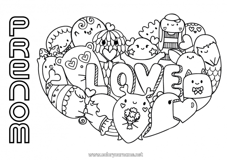 Coloriage à imprimer Coeur Kawaii Je t'aime 