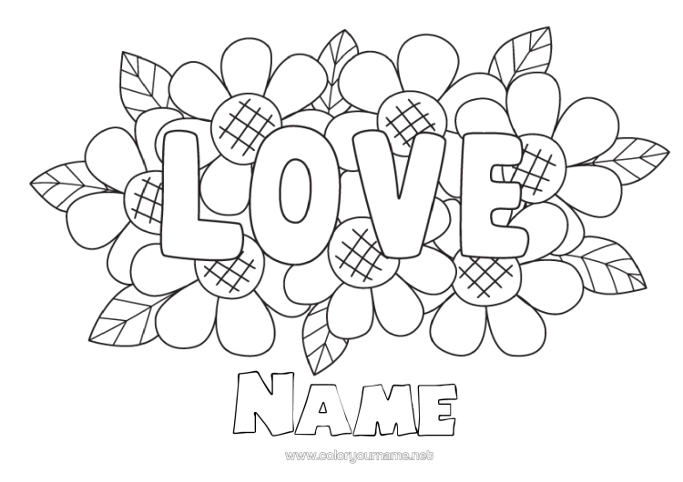 Colouring page to print Flowers I Love You. "Love" Message