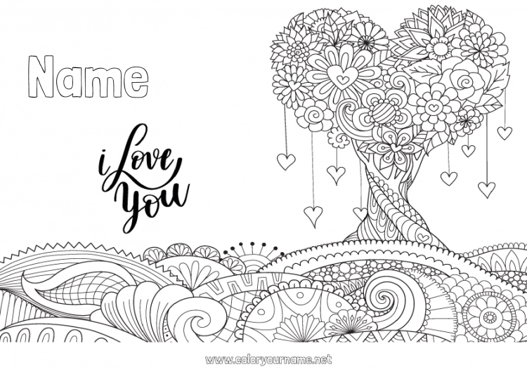 Coloring page to print Heart Mandala I love you Tree 